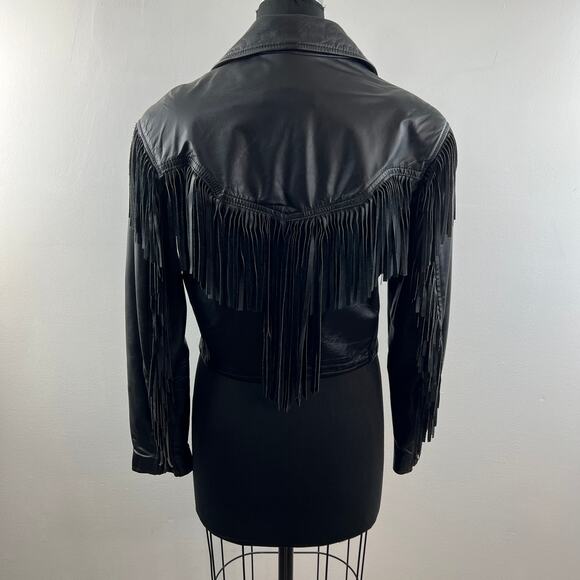 VINTAGE Fidelity Black Cropped Moto Jacket Leather Fringed Notch Lapel Zip 12 - Picture 7 of 11